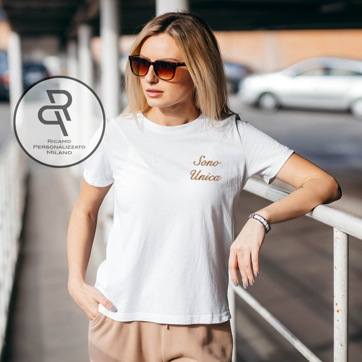 Stylish blonde girl wearing white t-shirt and glasses